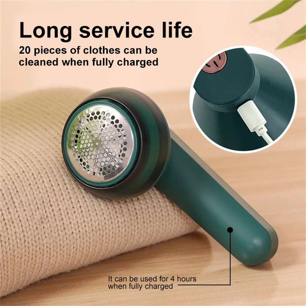 White USB rechargeable electric lint remover shaver with removable lint collector container on a sweater.