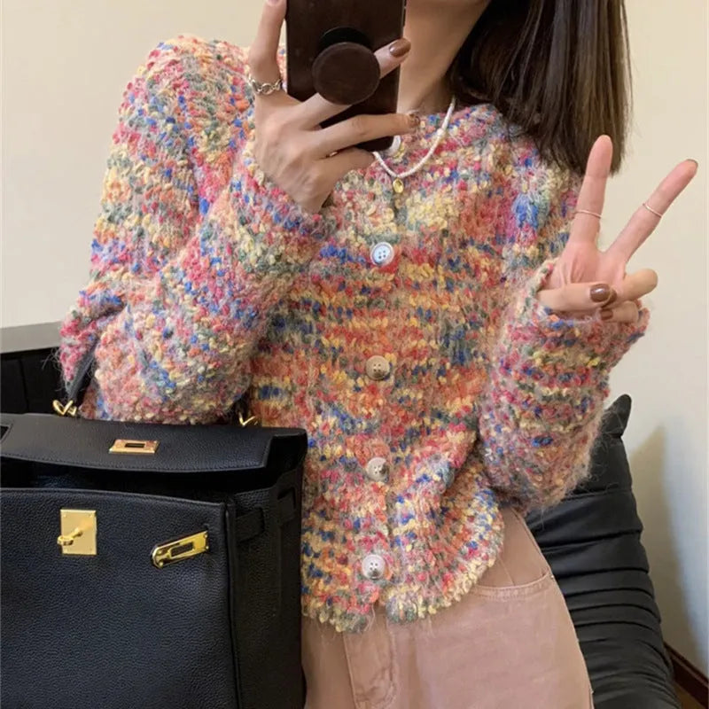 Retro gentle idle style knitted rainbow sweater in pink ice cream colour with slim fit design and medium thickness