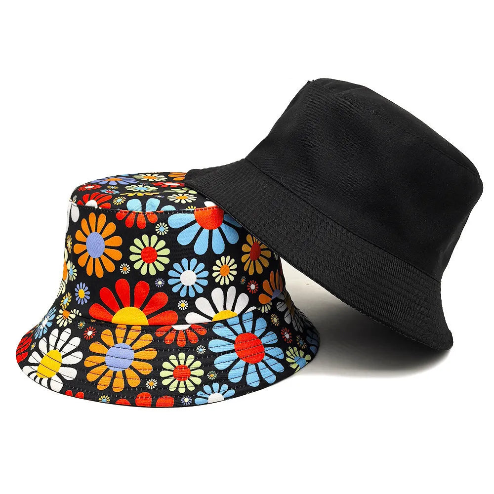 Floral print polyester bucket hat with dome crown on white background