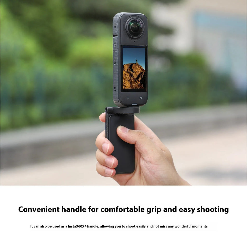 Black plastic magnetic desktop bracket and handle for Insta360 X4 action camera.