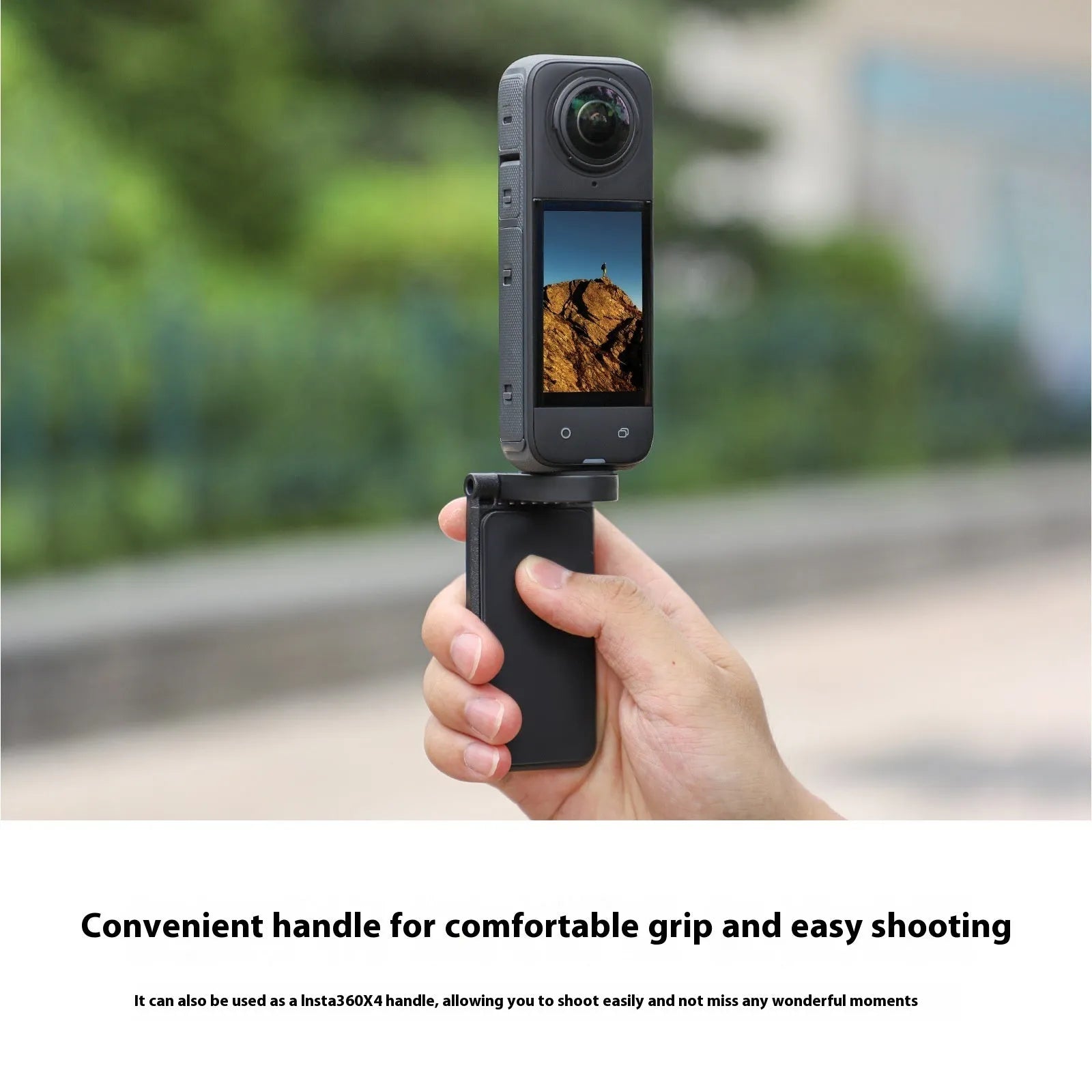 Black plastic magnetic desktop bracket and handle for Insta360 X4 action camera.