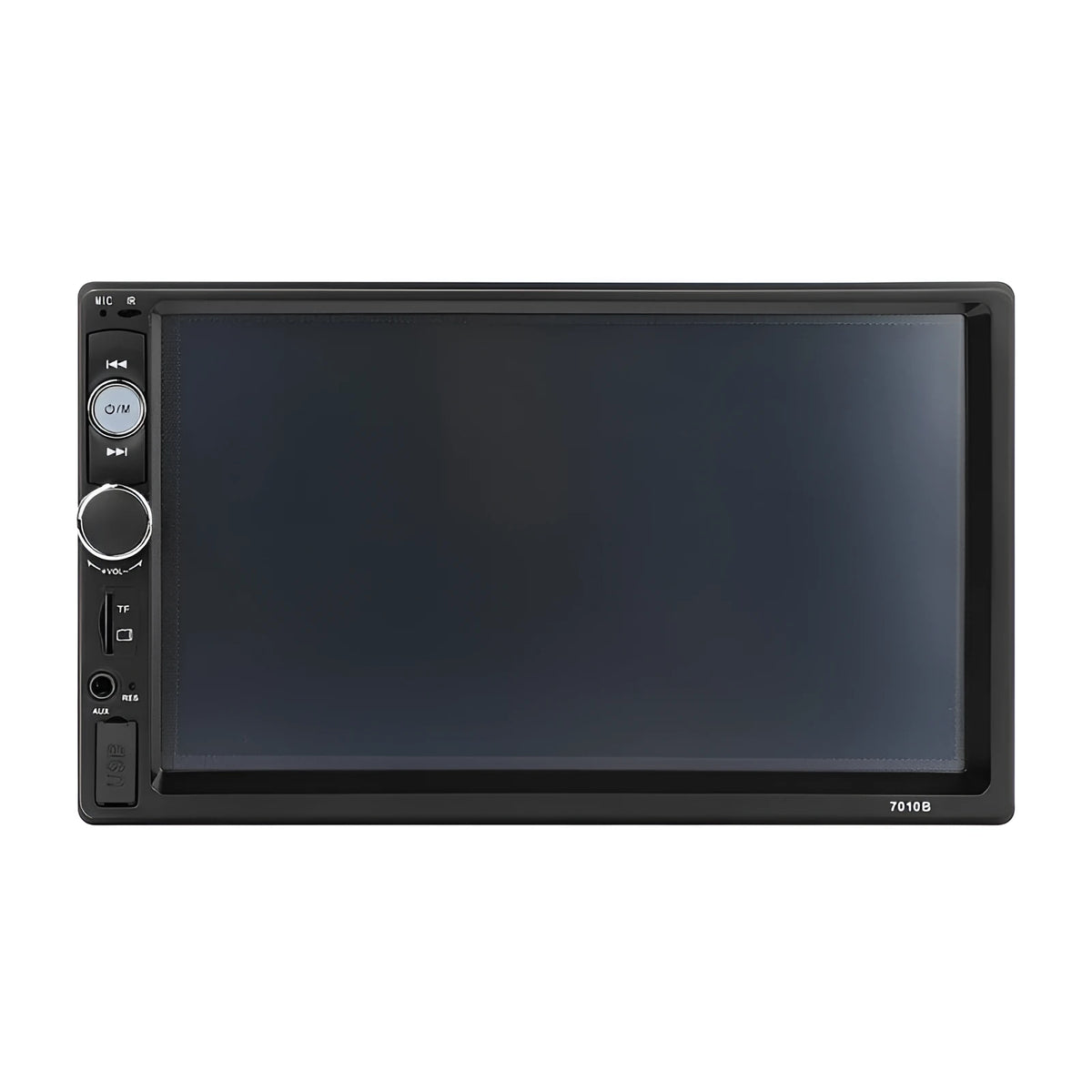 Black 7-inch car MP5 player with screen, USB and SD card slots, and remote control.