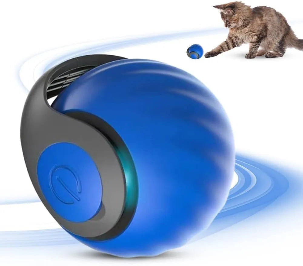 Blue and red interactive rolling ball pet toy for cats and dogs on a floor.