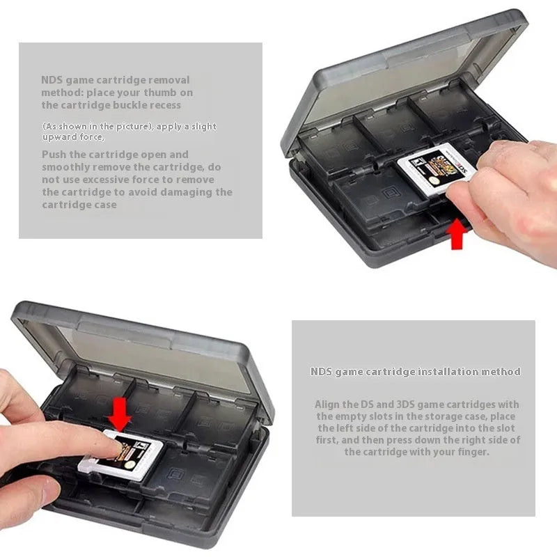 NDS 3DS game card storage box showing 28-card capacity with black, blue, pink, white colour options