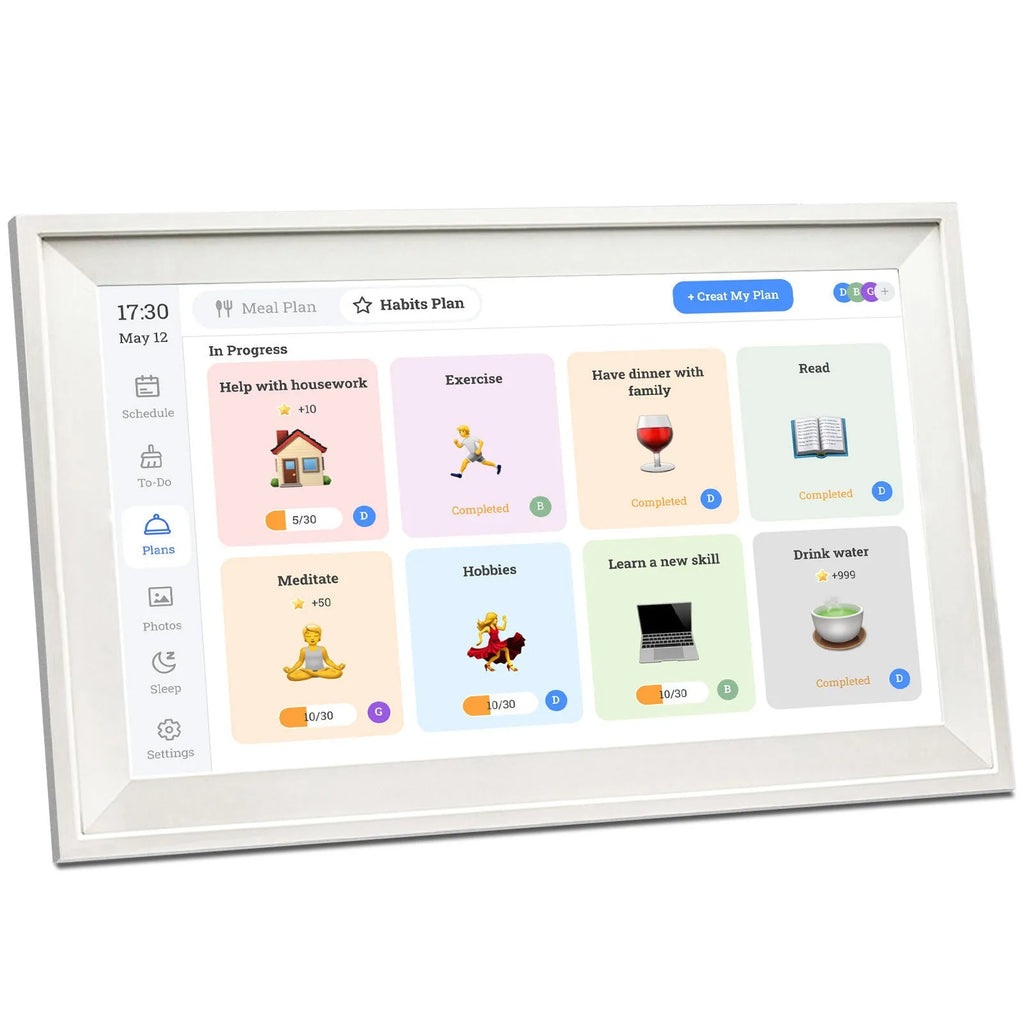 White smart digital photo frame with 15.6-inch display showing family photos, includes app control and UK power adapter