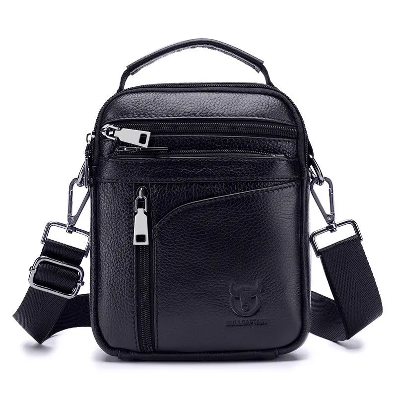 Men's black genuine leather retro shoulder messenger bag shown from the front.