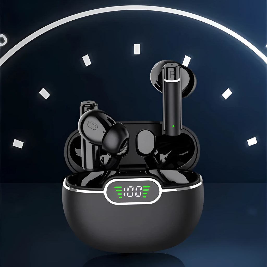 Black wireless Bluetooth earbuds with digital display charging case, 13mm drivers and IPX5 waterproof rating.