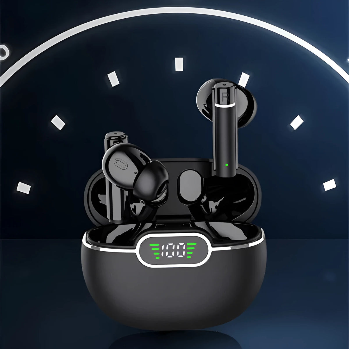Black wireless Bluetooth earbuds with digital display charging case, 13mm drivers and IPX5 waterproof rating.