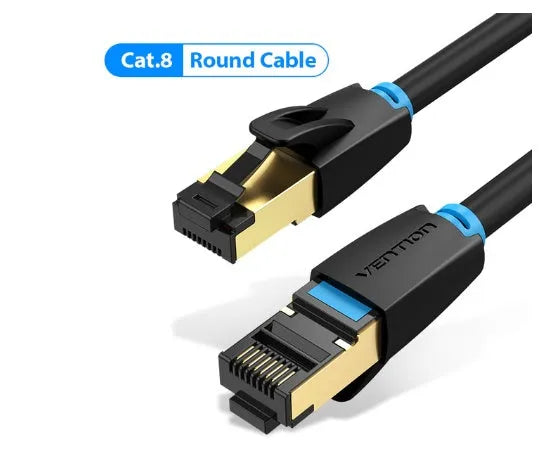 CAT8 shielded network cable with RJ45 plugs in flat and round styles for 10G home gaming