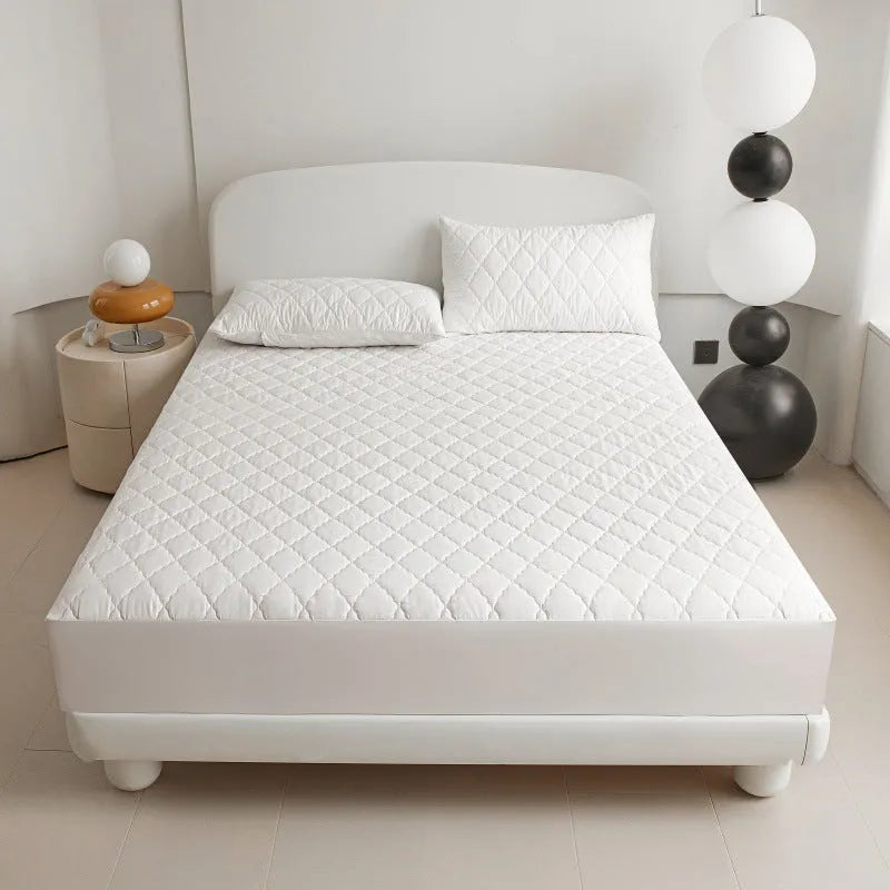 Diamond lattice quilted waterproof mattress protector set in black, grey, pink, or white with bamboo fibre material and fitted sheet sizes.