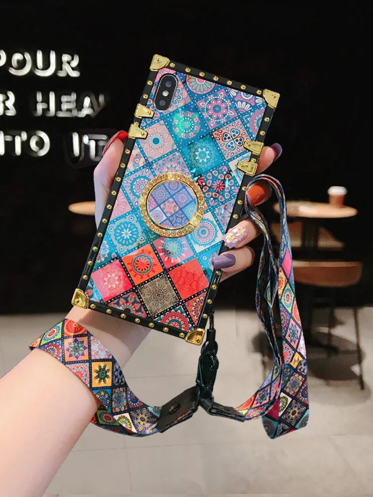 Samsung S8 silicone protective case with Bohemian style blue mirror frame in luxury square design