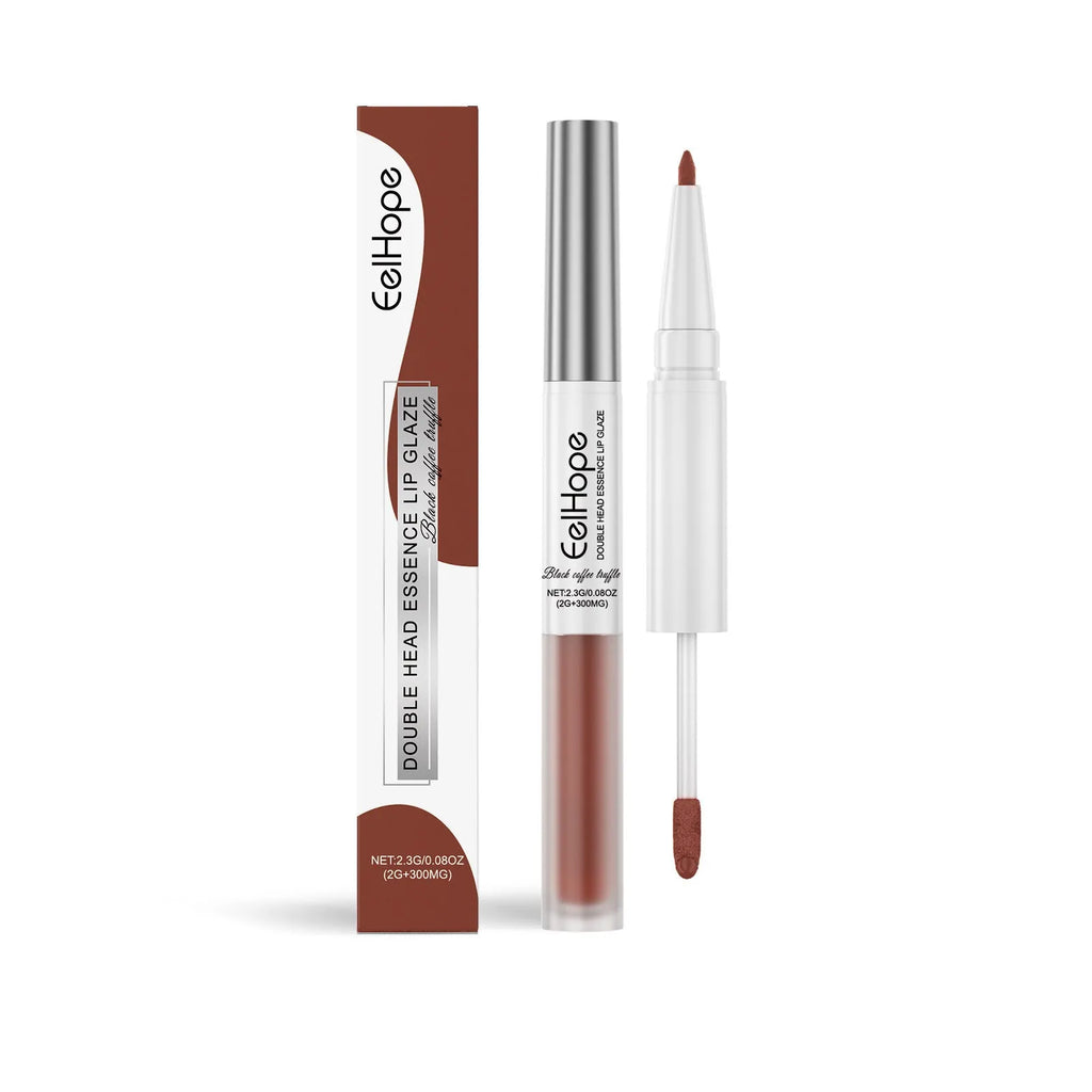 Double-headed lip liner and lacquer pen showing 0.5mm pencil tip and matte lacquer bullet in three colour options