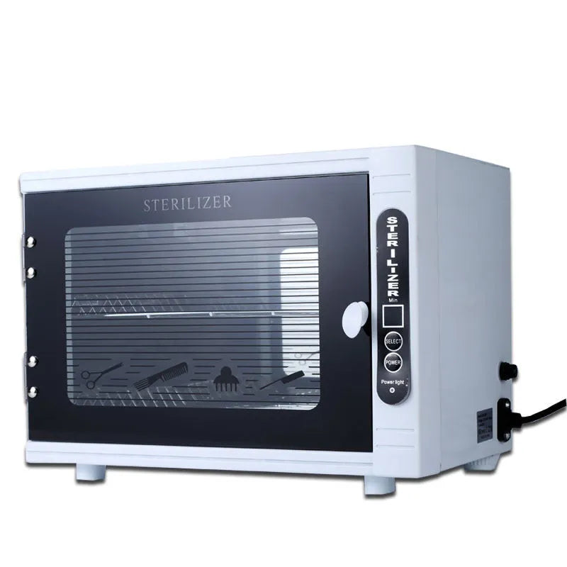 Small silver UV steriliser with stainless steel inner chamber for salon tool sanitisation