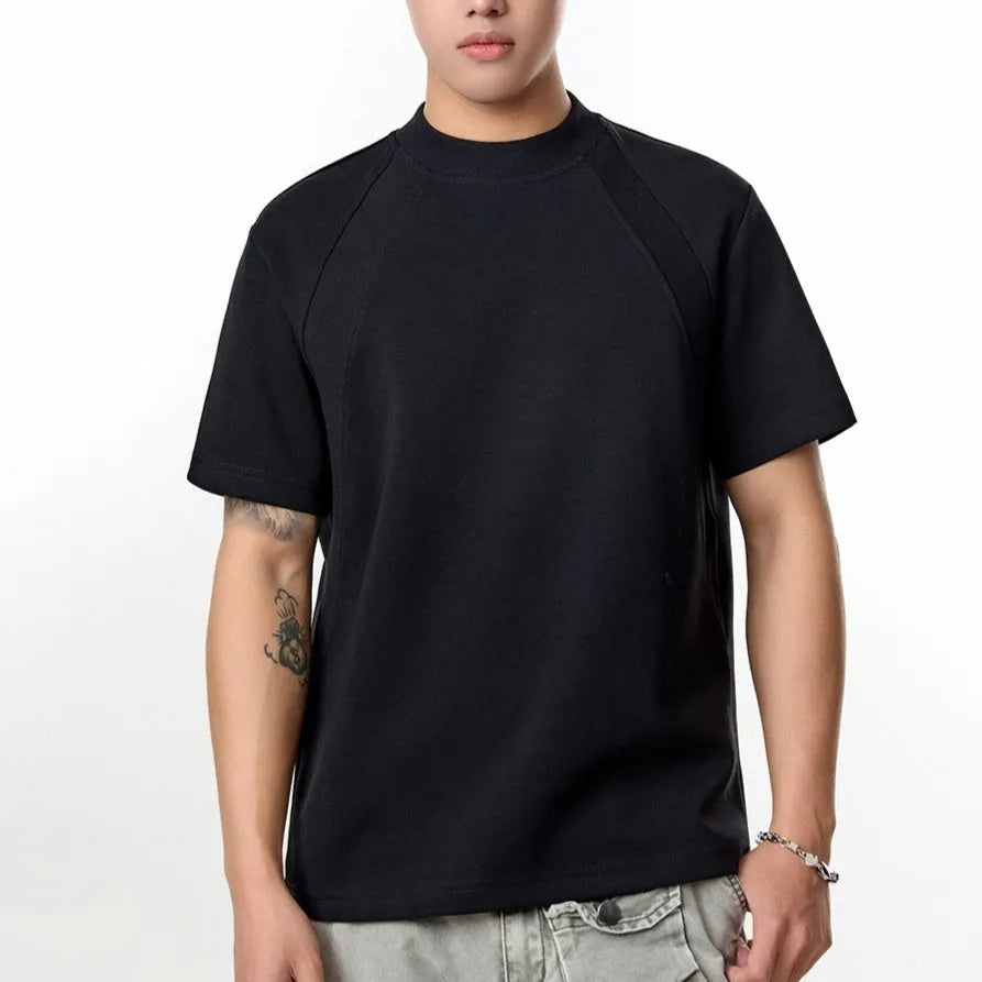 Air layer stitching short sleeve top in black, loose fit, polyester fabric, Asian sizing