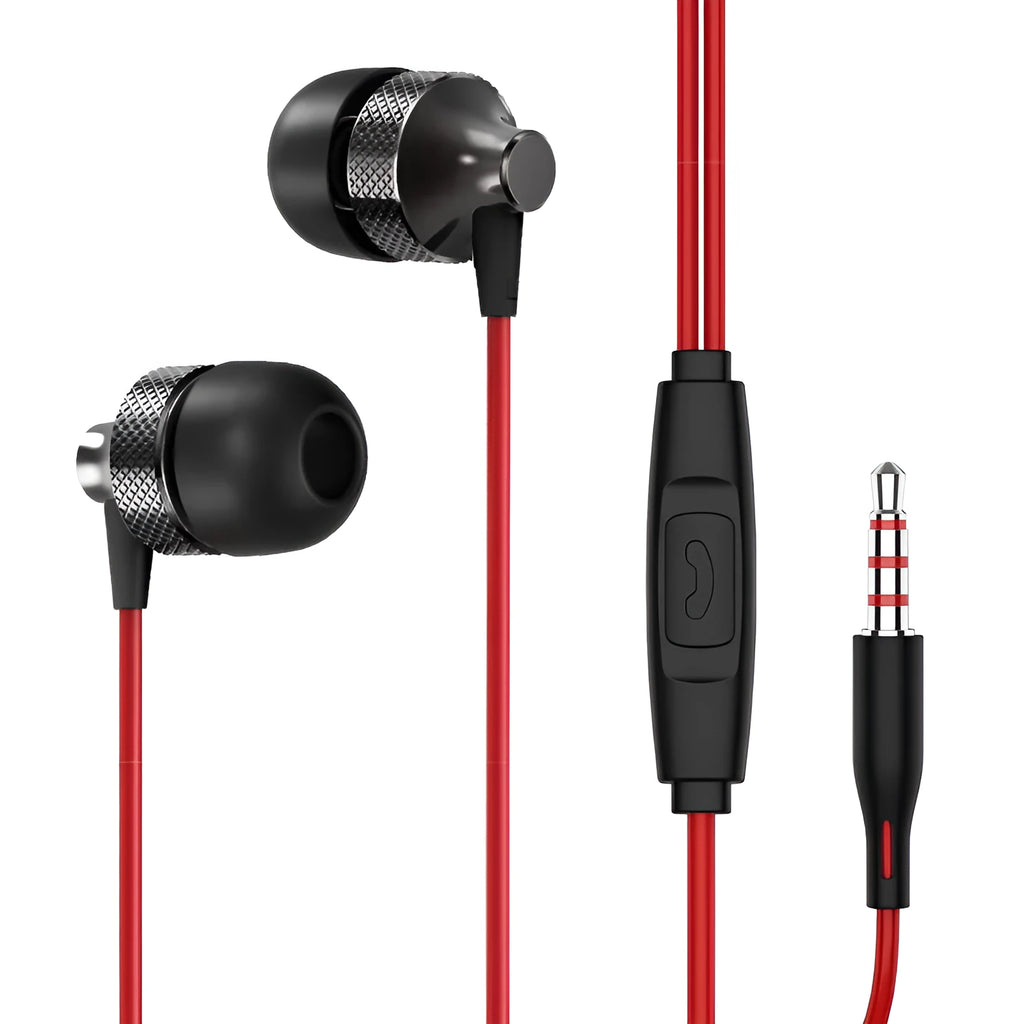 Auricular Metal Fever wired in-ear headphones with microphone in gold, silver, black, or red and black colours.