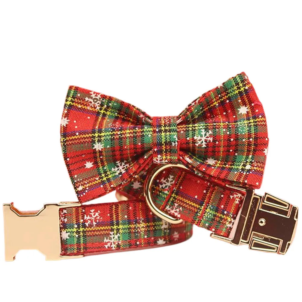 Red Christmas dog collar and leash set with snowflake patterns, plaid leash, vest, and bow tie