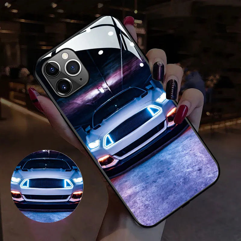 Luminous mobile phone case with call flash, TPU and glass back cover, available in multiple patterns for iPhone Samsung Xiaomi.