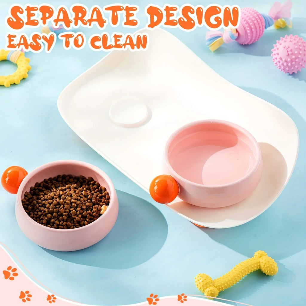 Pink elevated ceramic bowl with double raised design for cat food and water, non-slip base