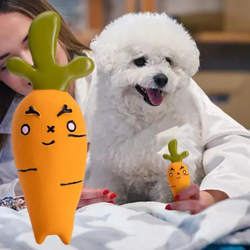 Latex vegetable dog chew toy with cartoon onion and eggplant design measuring 7x5x13cm