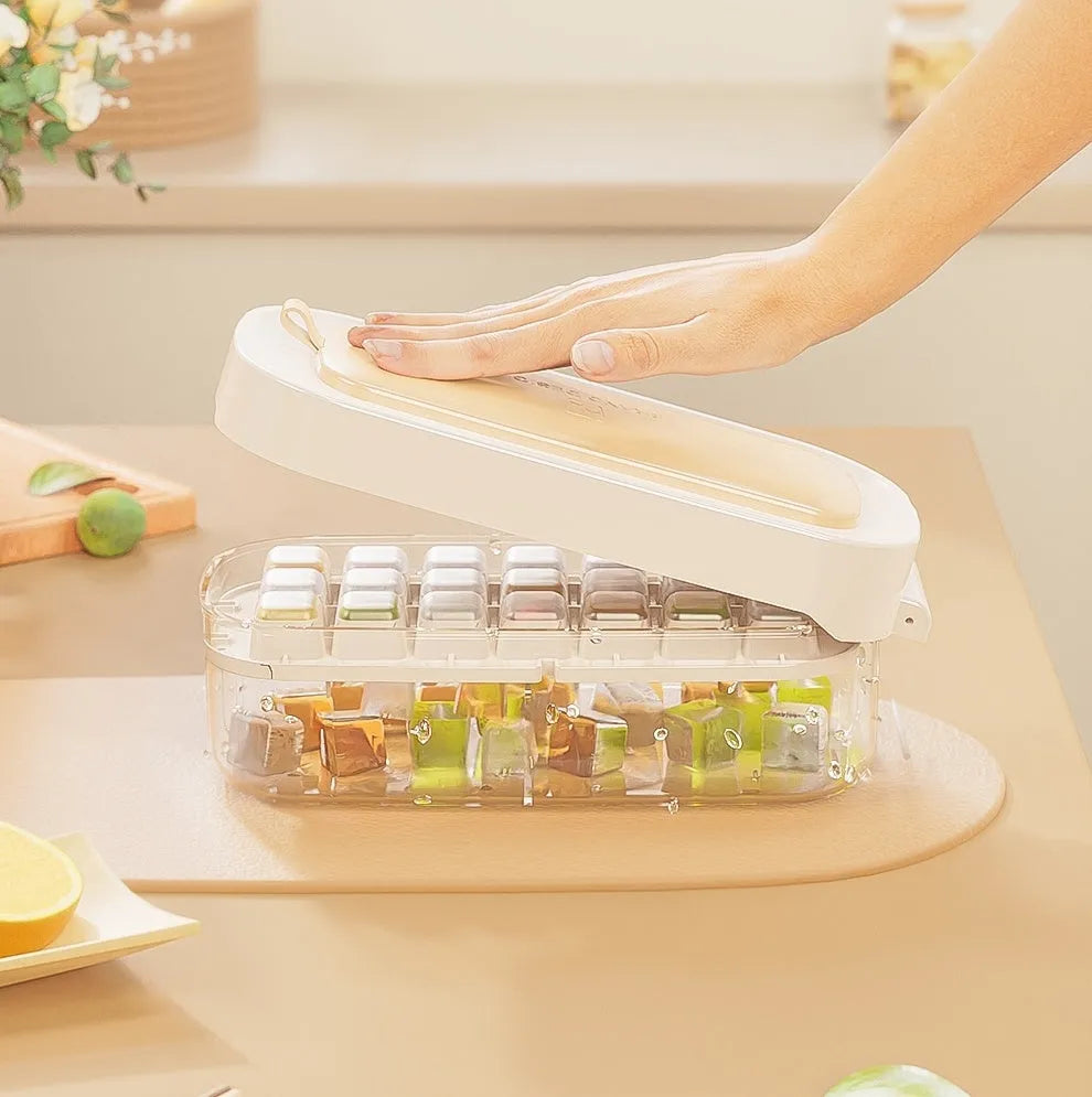 High capacity ice cube tray and ice box set in blue, green, purple, or yellow with included ice shovel