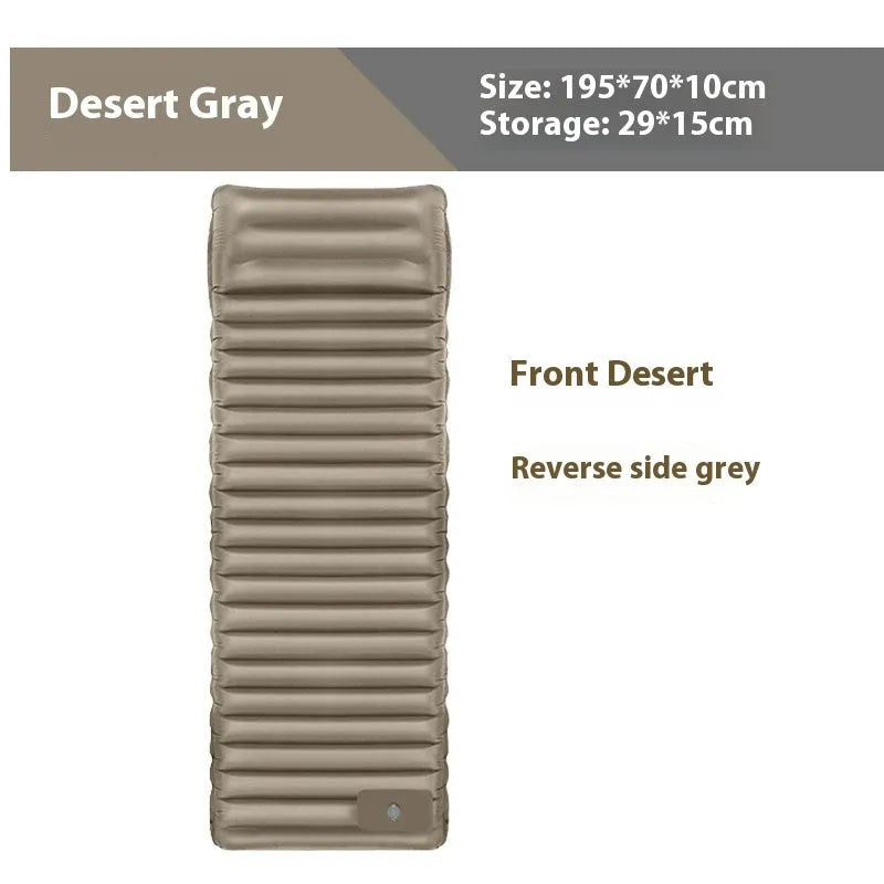 Portable inflatable camping mattress in grey, shown expanded to 195cm length with 10cm thickness.