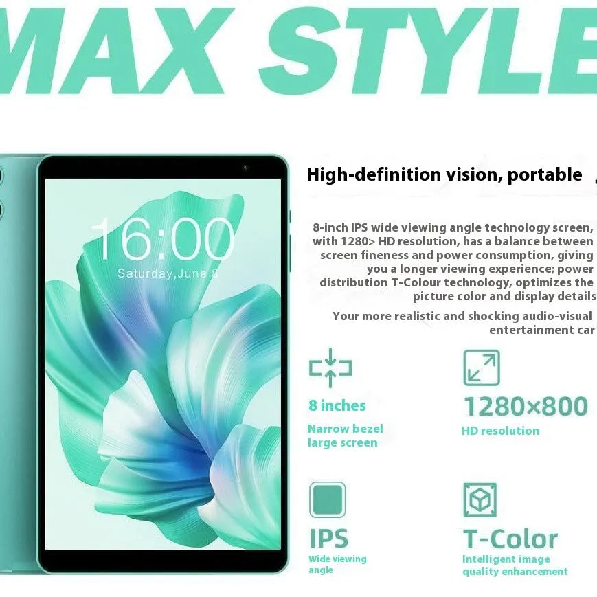 Android 13 8-inch HD tablet in green with 4GB 64GB storage and dual camera