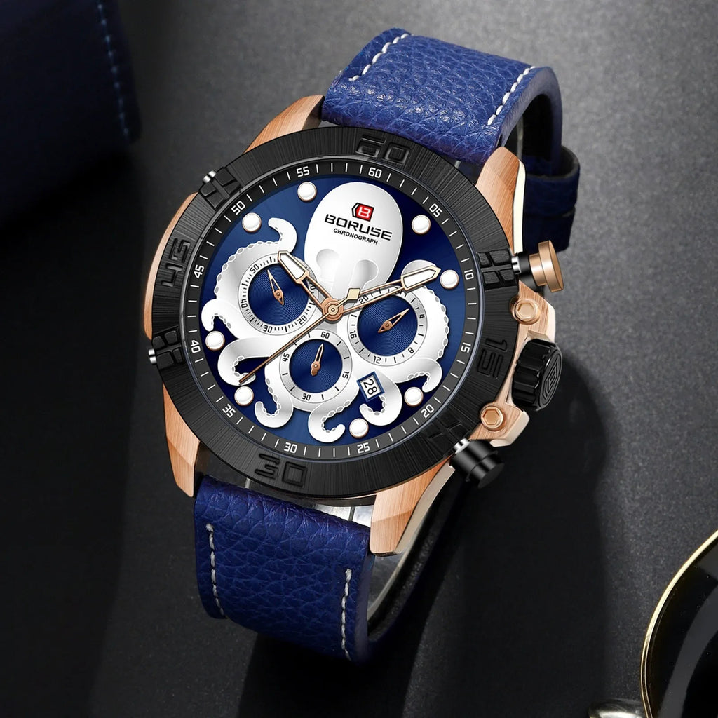 Men's waterproof quartz watch with octopus design and luminous feature in black or blue colour options