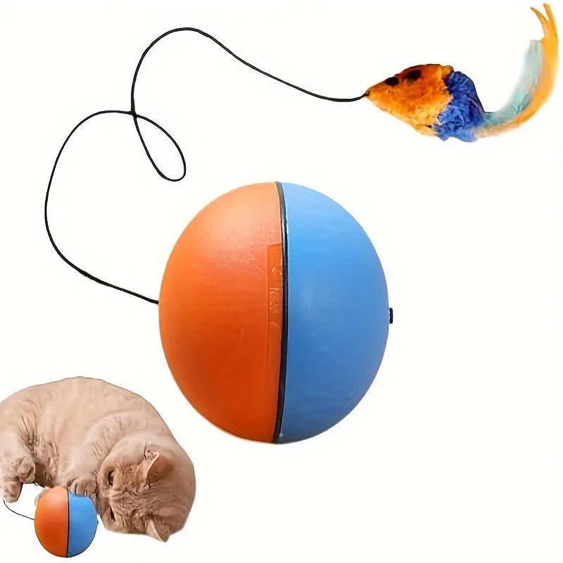 Interactive cat toy with orange rotating ball on grey plush mouse base, showing 8.5cm diameter