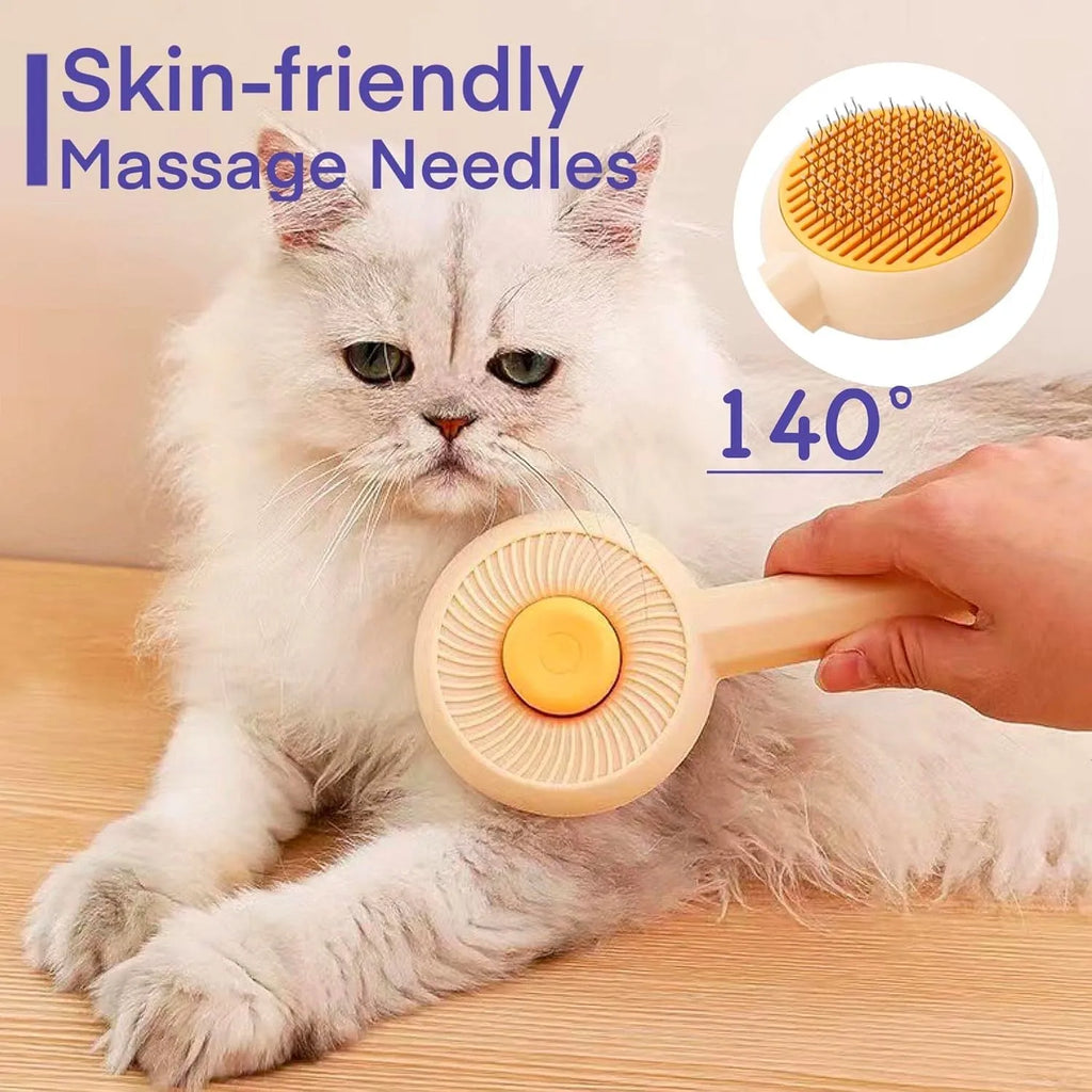 Blue and yellow cat grooming brush with self-cleaning button, measuring 170x80x45mm