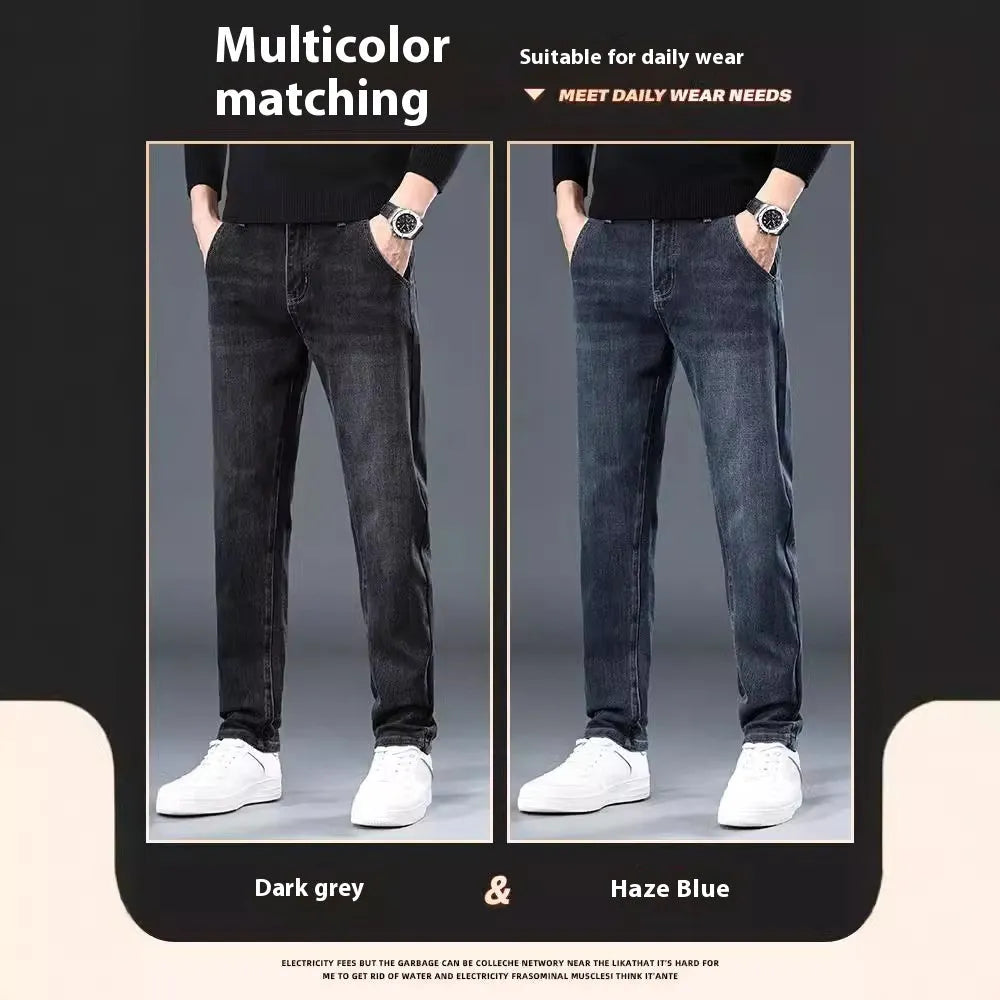 Blue grey slim straight loose casual thin trousers with micro elasticity, mid waist design, and zipper fly, shown on a model for summer wear.