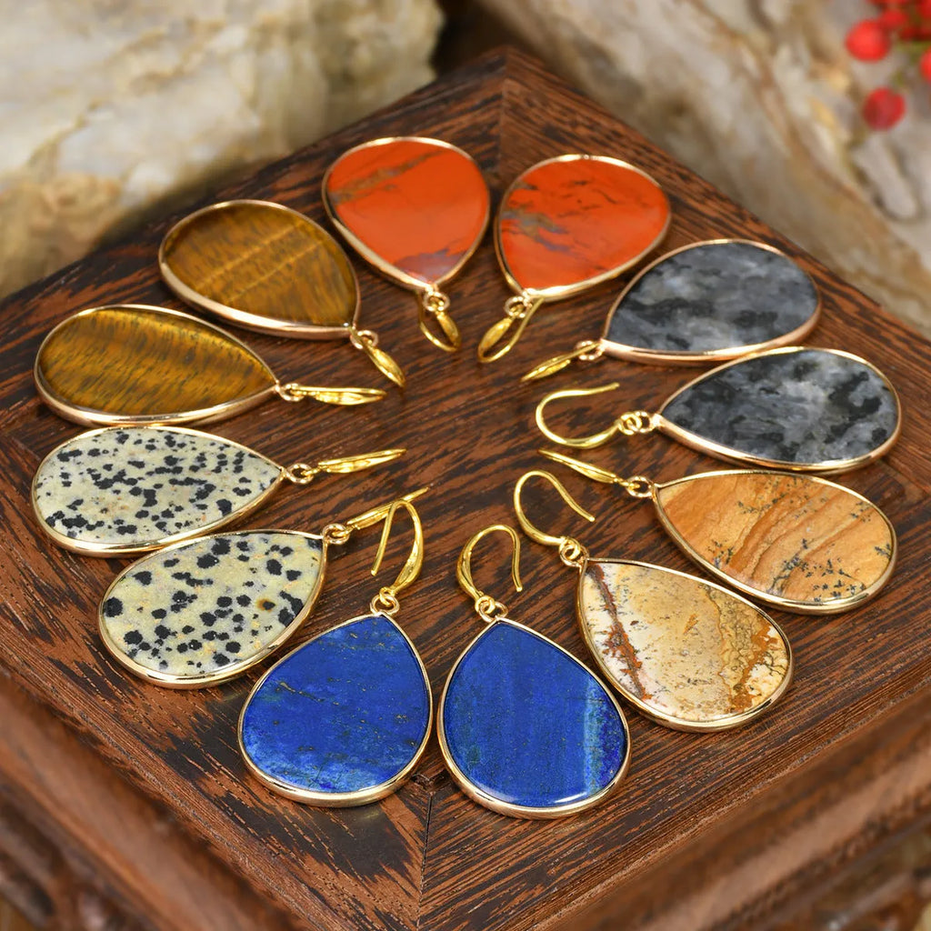 Women's retro high profile natural stone pendant earrings with drop shape design in various colour options