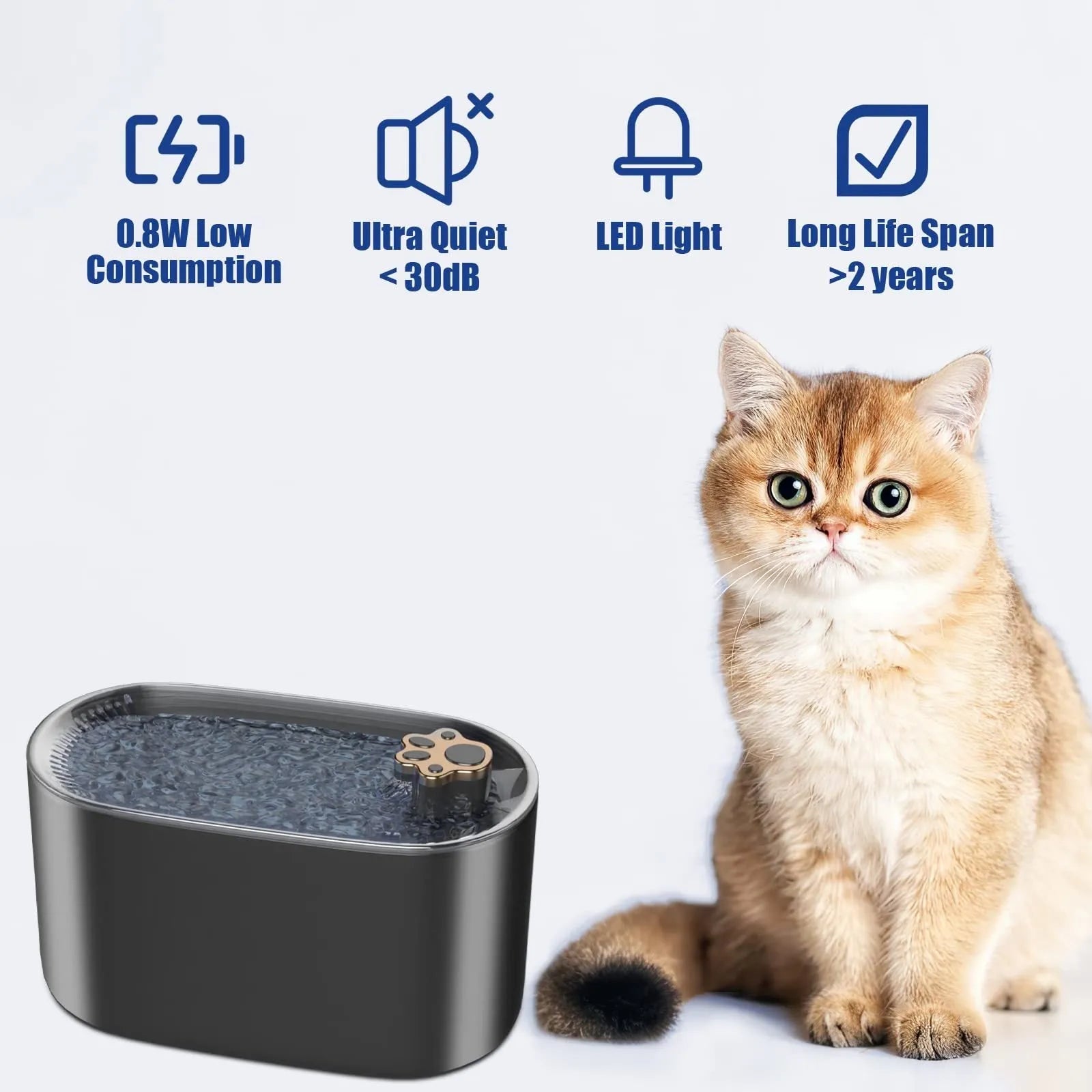 Berlin blue automatic cat water fountain with filter, LED light, and 3L capacity on a kitchen floor.