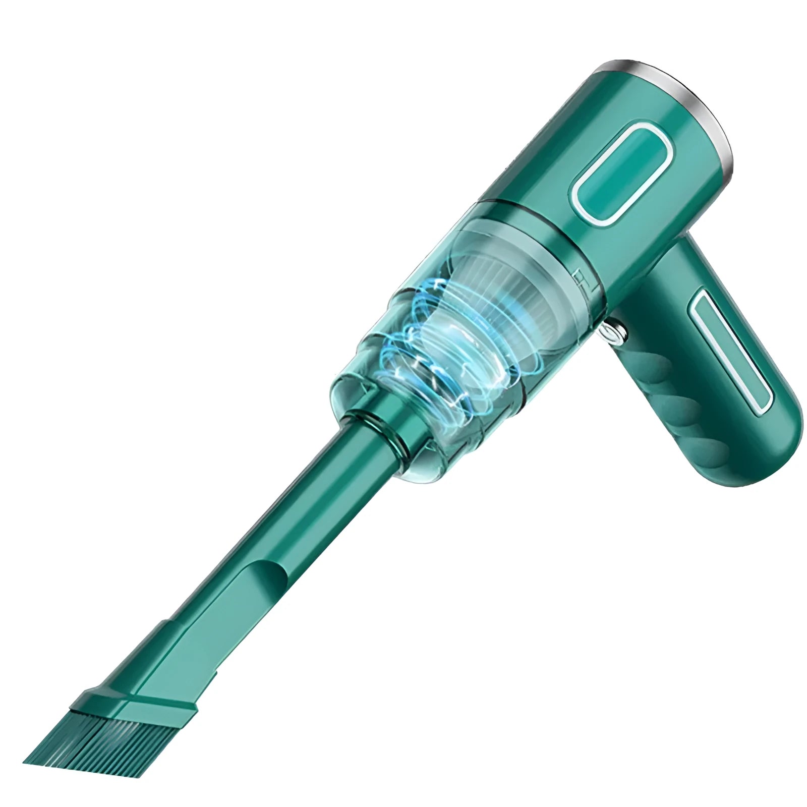 Black and green portable USB dust collector for car and home cleaning.