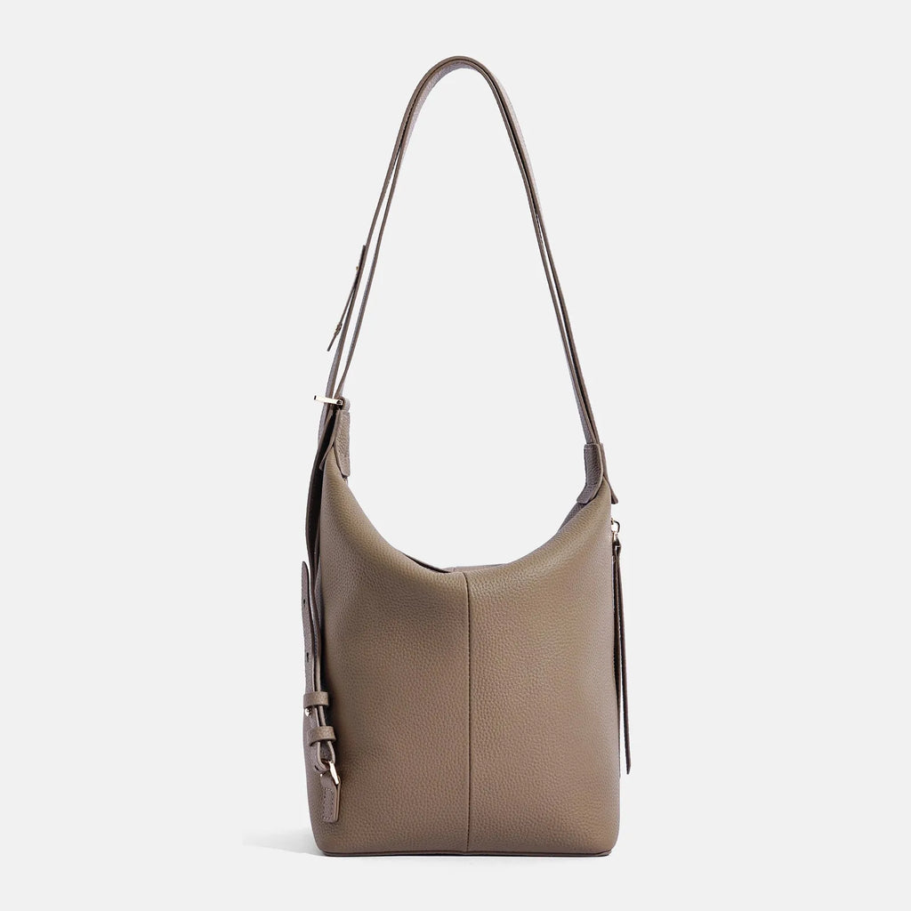 Women's genuine cowhide leather bucket shoulder bag in elephant grey colour showing soft texture and large capacity design