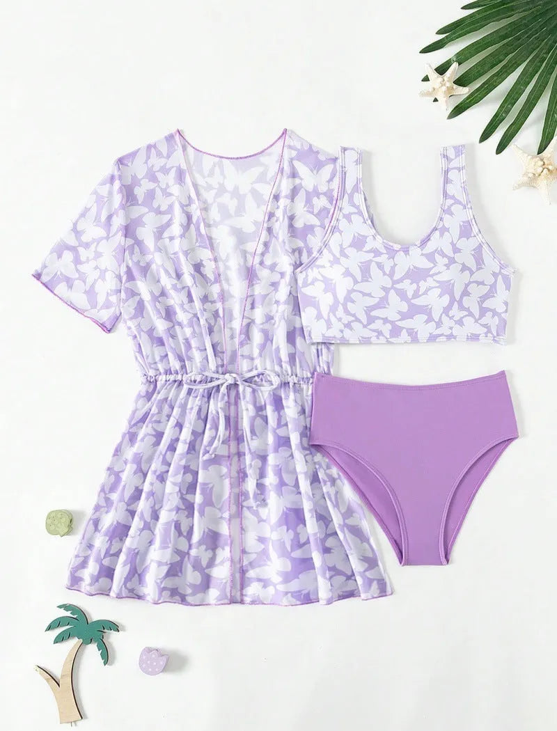 Girls three-piece polyester swimsuit set with coat, vest, and pants in colour 3218