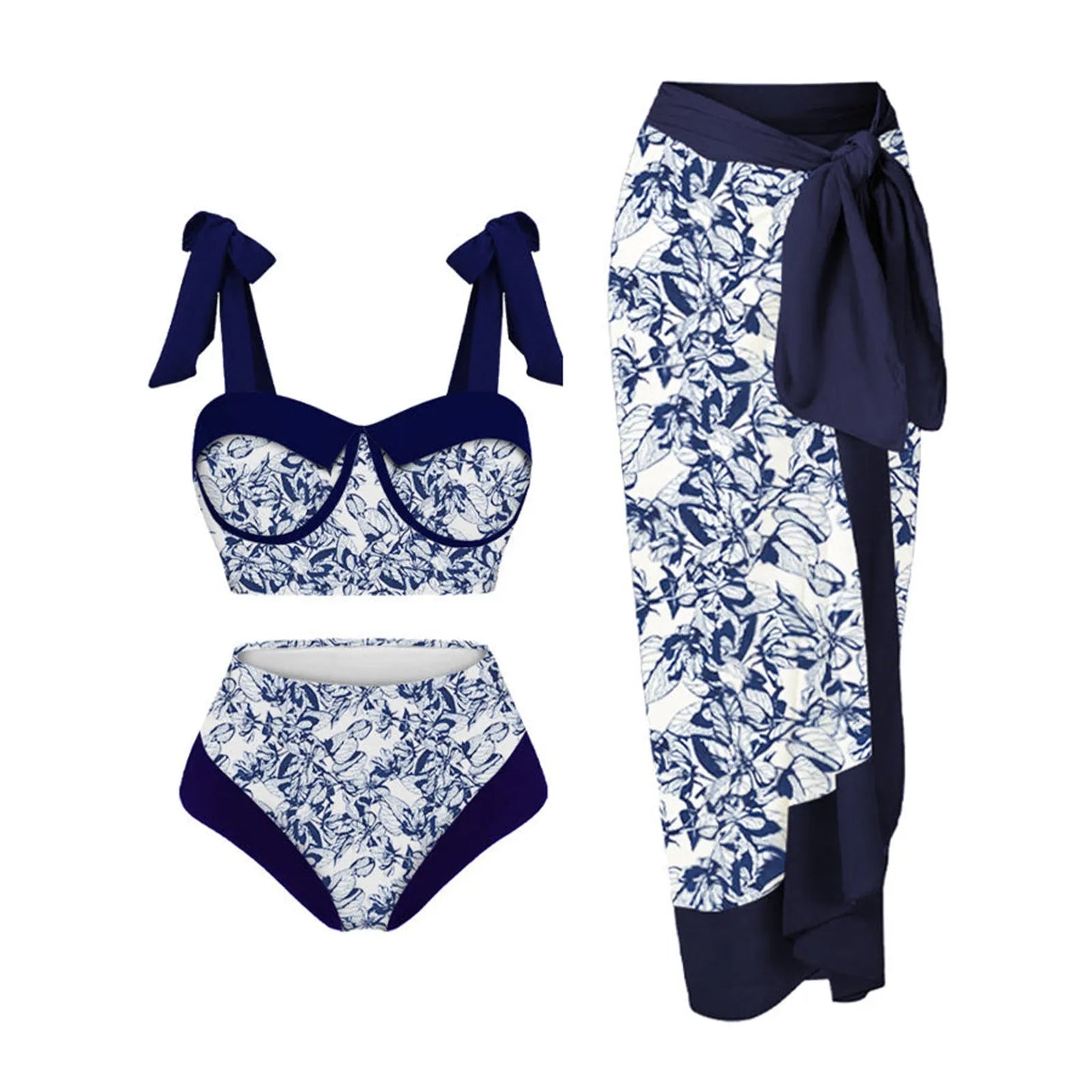 Women's printing split swimsuit three-piece set showing floral pattern on high elasticity polyester fabric