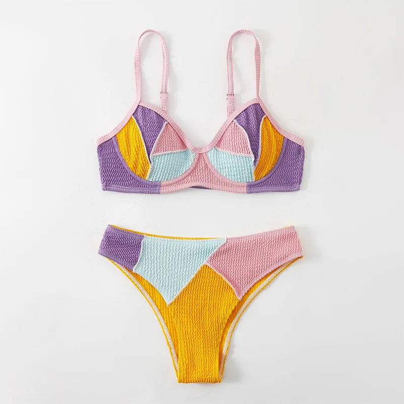 Ladies polyester bikini set with steel bracket push up bra top and matching shorts in colour matching design