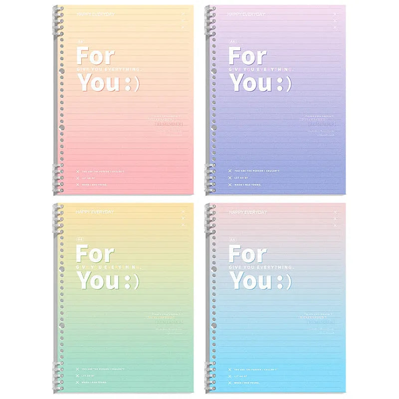 Removable coil notebook with gradient colour design showing A4 and B5 size options with wood-free paper