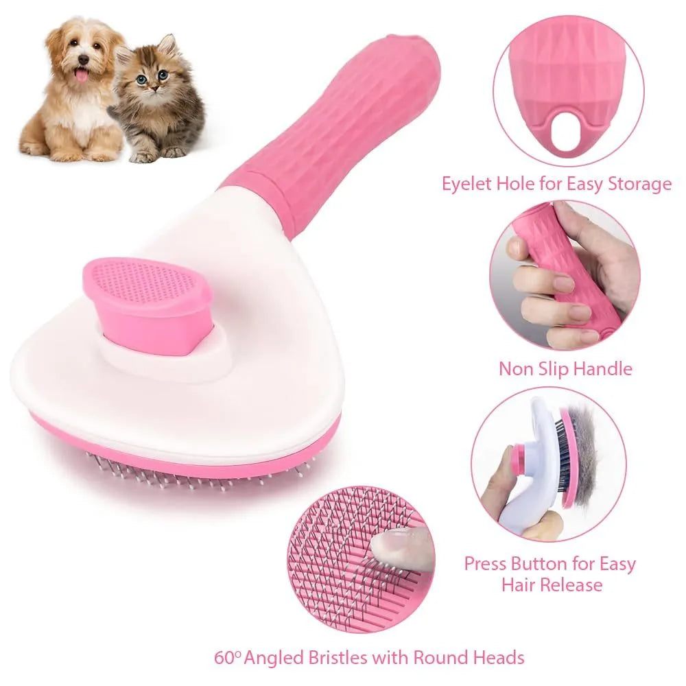 Blue cat grooming brush with release button and fine wire bristles for removing loose fur