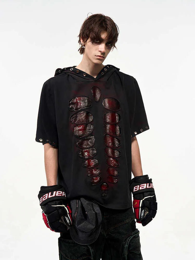 Black men's hooded short-sleeved T-shirt with sequin detailing in loose-fitting style