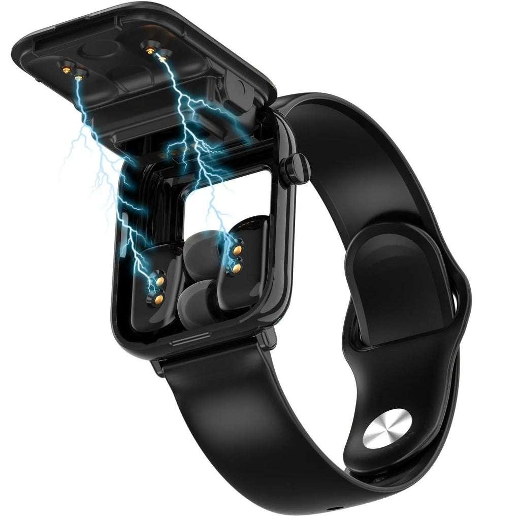 Black smart watch with 1.69-inch touch screen and zinc-aluminium alloy body showing fitness metrics display