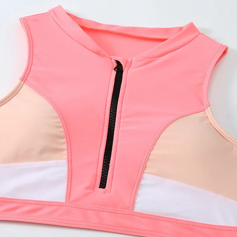 Pink high-waist split bikini swimsuit with ammonia mesh lining, showing front and back views.