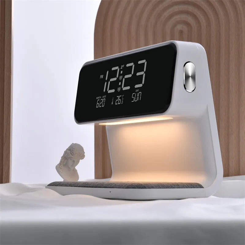 White bedside lamp with integrated wireless charging pad, LCD alarm clock screen, and touch-sensitive dimming controls.
