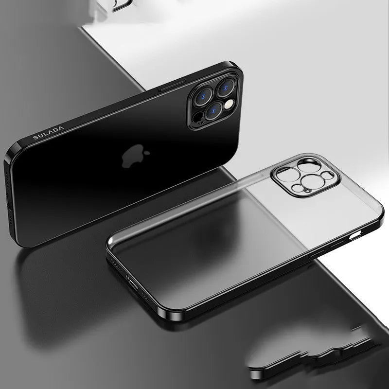 Clear matte silicone phone case with a raised square frame for iPhone, shown in blue on a table.