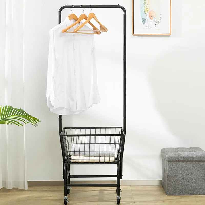White single rod pulley storage car mounted on wall with clothes hangers