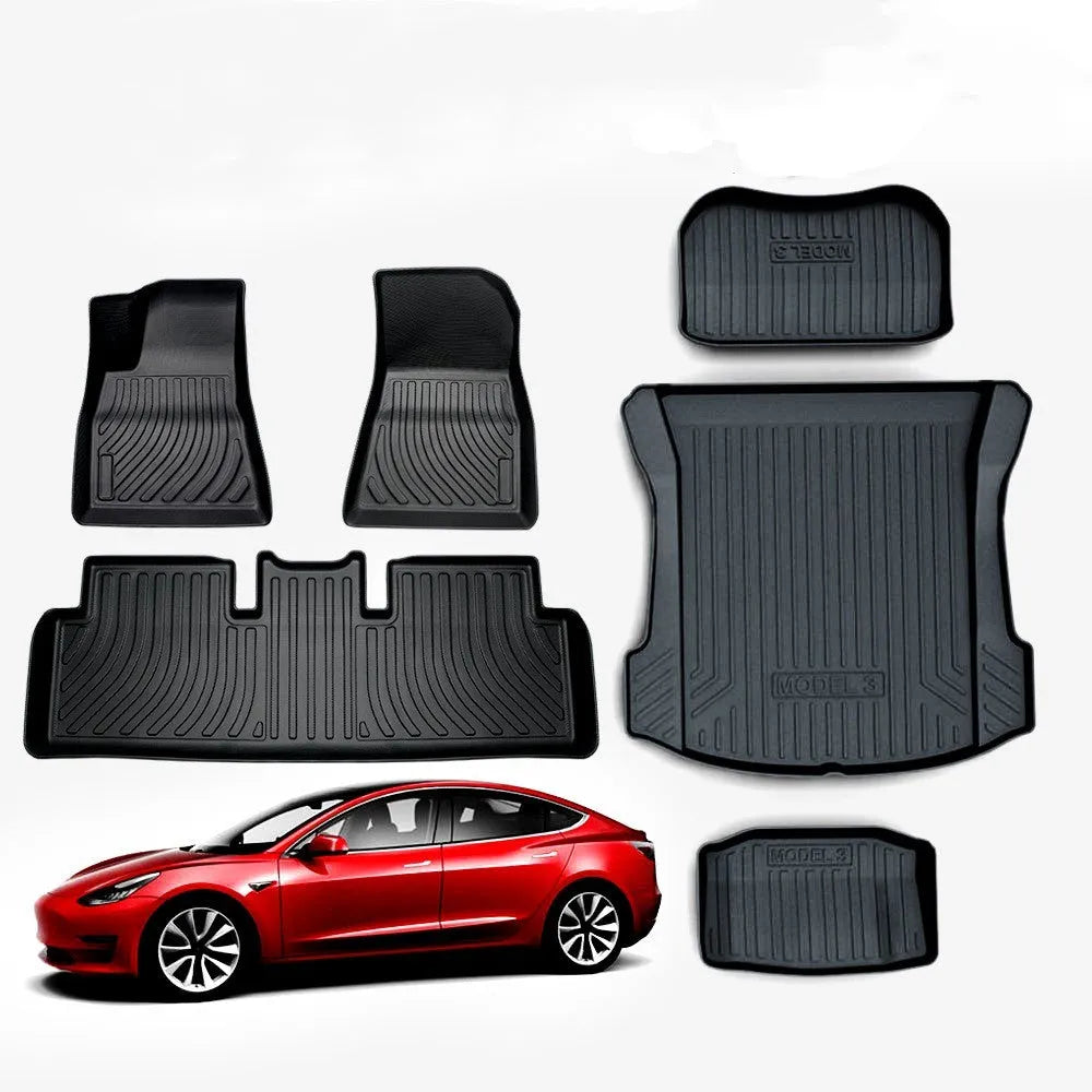 Rubber floor mats for Tesla cars with TPE footrest, custom-fit to Model 3, Y, S, X interiors, showing non-slip backing and textured surface