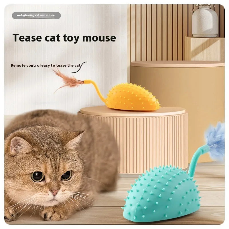 Remote control silicone mouse cat toy with feather attachment in cyan colour