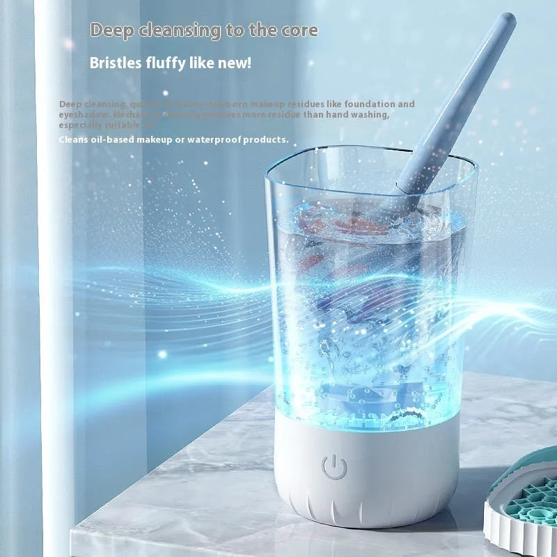 White electric makeup brush cleaning device with rotating silicone heads, 24cm length, USB rechargeable battery