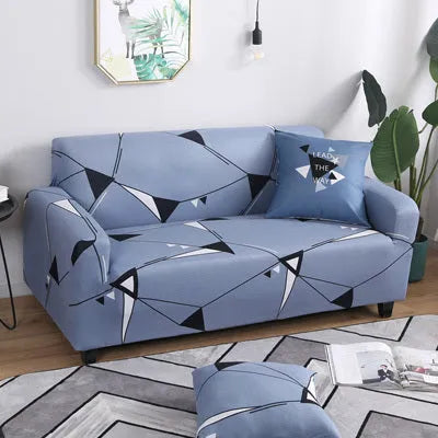 Geometric pattern stretchable sofa slipcover on three-seater sofa showing tight fit without wrinkles