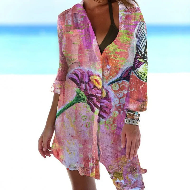 Women's slim-fit long sleeve cardigan with 3D printed bird and flower pattern, available in multiple colours.